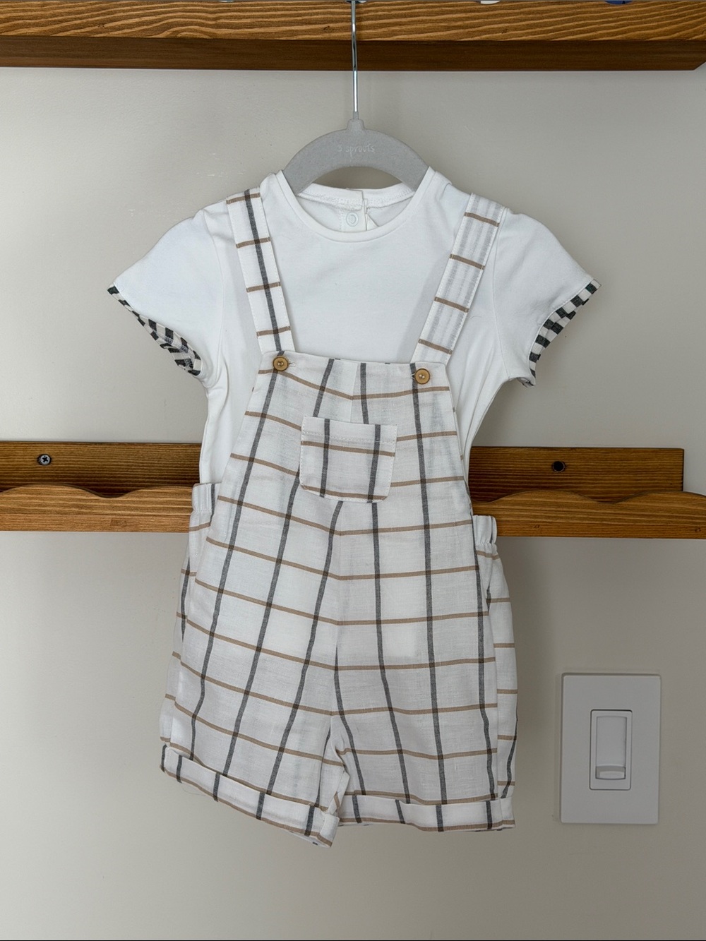 18m Mayoral Linen Plaid Short Overalls with White Tee